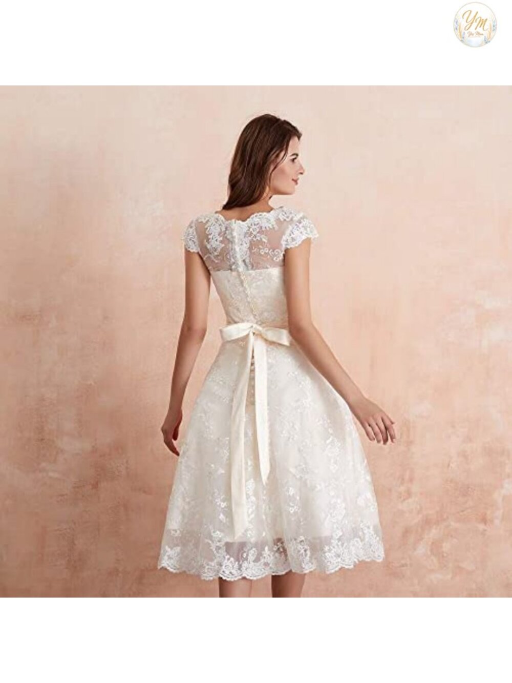 Womens Knee-Length Wedding Dress Cap Sleeve Lace Neckline Ball Gown - Picture 3 of 6